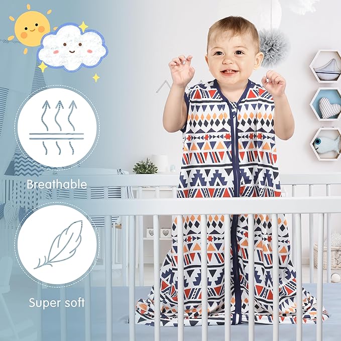 BSTOPPT 3 Pack Baby Sleep Sack 100% Rayon Cotton Baby Sleeping Bag 2-Way Zipper Toddler Wearable Blankets TOG 0.3. (Soccer&Triangles&Blue, 12-18 Months)