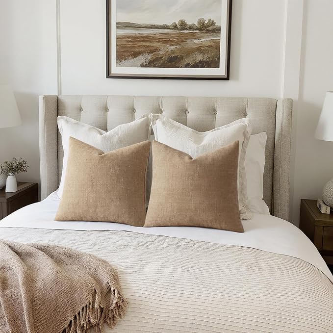 MIULEE Textured Chenille Throw Pillow Covers 20x20 Inch Starfish Khaki | Pack of 2 Camel Decorative Soft Pillows, Solid Textured Cushion Covers, Modern Home Decor for Couch Sofa Bedroom Living Room