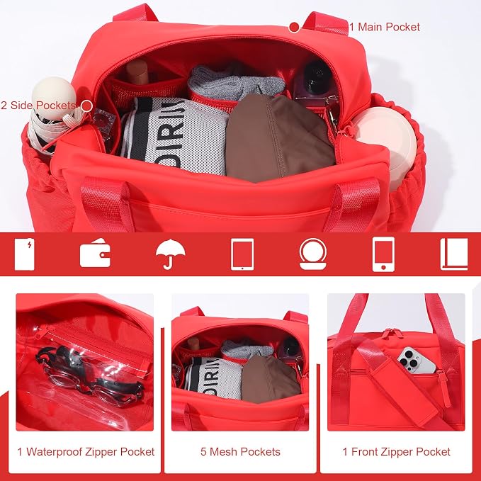Bucosd Small Gym Bag for Women, Mini Crossbody Gym Duffle Bag with Wet Compartment, Carry on Gym Tote Bag for Workout Dance Sport Travel (Medium-Red)