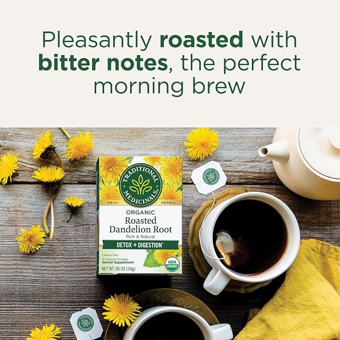 Traditional Medicinals Organic, Roasted, Dandelion Root Tea - Supports Normal Detox + Digestion - Kosher, Non-GMO, Caffeine-Free, Compostable - 16 Tea Bags