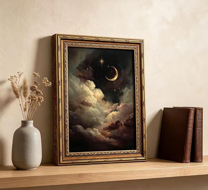 Vintage Gold Framed Celestial Wall Art, Moody Moon and Stars Gothic Painting Canvas Print, Dark Academia Wall Decor,Mystical Celestial Poster Artwork, for Living Room Bedroom Bathroom