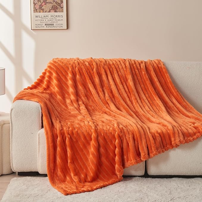 NEWCOSPLAY Super Soft Fall Throw Blanket Orange Premium Silky Flannel Fleece 3D Ribbed Jacquard Lightweight Bed Blanket All Season Use (Orange Ribbed, Throw(50"x60"))