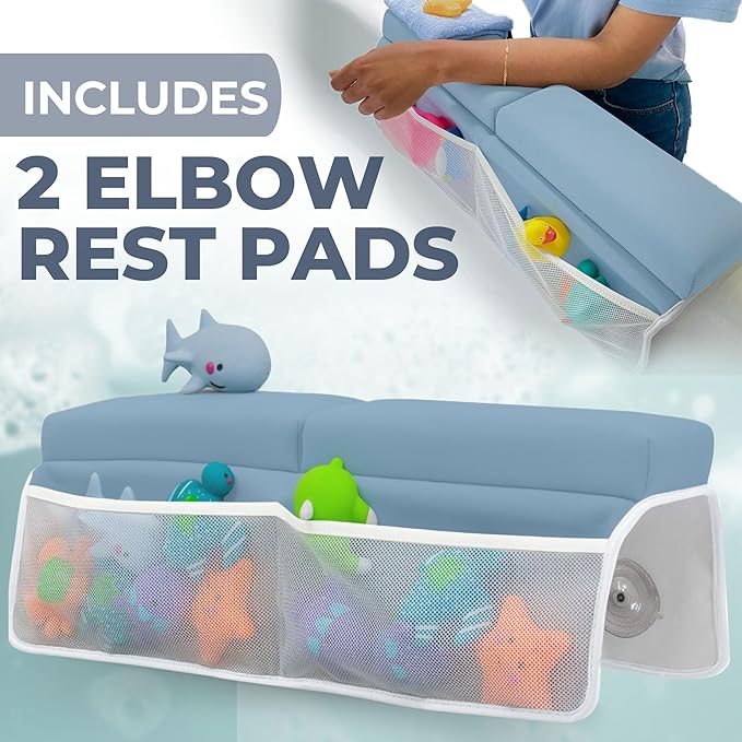 Comfortable Baby Bath Kneeler and Elbow Rest Pad Set – Thick Memory Foam Bath Kneeling Pad with Elbow Support – Baby Bathtub Cushion with Toy Organizer for Bathing Infant or Toddler - Blue