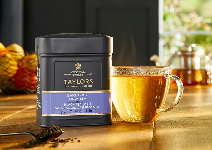 Taylors of Harrogate Earl Grey, Loose Leaf, 4.41 Ounce Tin Caddy (Pack of 1), Fragrant, Delicate & Light, Caffeinated, Premium Whole Leaf Tea