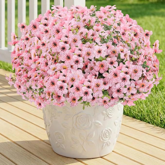 13 Bundles Artificial Flowers for Outdoors Summer Decoration | Silk Realistic UV Resistant Fake Plants Faux Flowers for Outside Planter Porch Yard Patio Garden Home Indoor, Pink