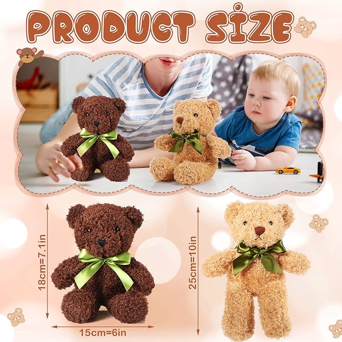 HyDren 30 Pcs Stuffed Animals Plush Bears Gifts Bulk Sleeping Playing Bear Toys with Bow Tie for Birthday Baby Shower Graduation Christmas Wedding Party Favor(10 Inch,White, Brown, Dark Brown)