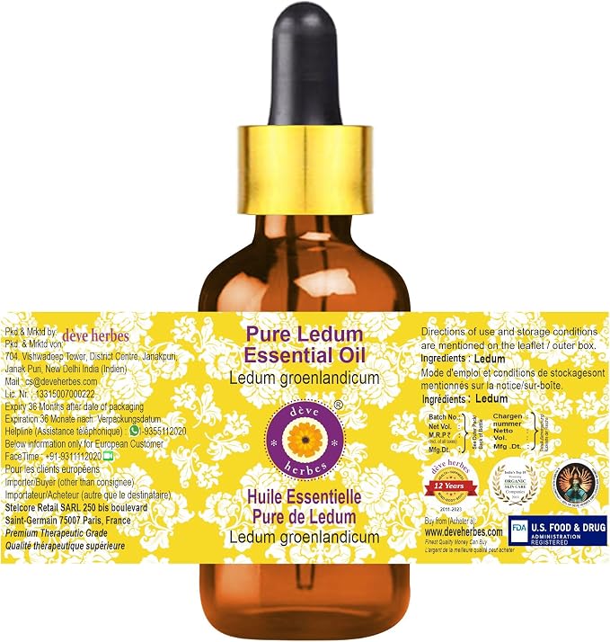 Deve Herbes Pure Ledum Essential Oil (Ledum groenlandicum) Steam Distilled with Glass Dropper 2ml (0.06 oz)