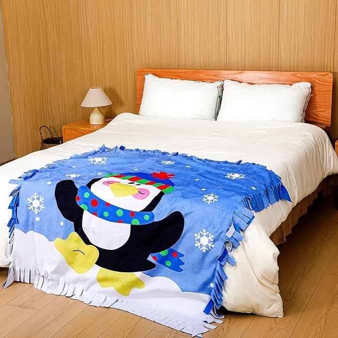 Peryiter Penguin Fleece Throw Craft Kit Soft Plush Throw Tie Blanket DIY Felt Fleece Gift for Winter Holiday Craft Fun Home Activities, 54 Inch x 54 Inch