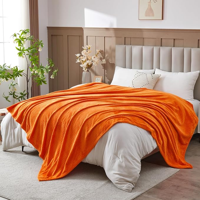 NEWCOSPLAY Fleece Leaves Pattern Queen Blanket, Orange, 90"x90" | Super Soft Throw Blanket, Lightweight Cozy Bed Sofa Blanket, Premium Silky Flannel Fleece, Travel Blanket for All Season Use
