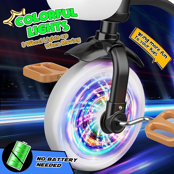 Toddler Tricycle for 1-3 3-4 Year Olds, Toddler Baby Bike, 2 3 4 Year Old Boys Girls Birthday Gifts, Outdoor Riding Toys for Ages 2-4, 3-Level Adjustable Seat, 3 Color Light Wheels, 2 Baskets