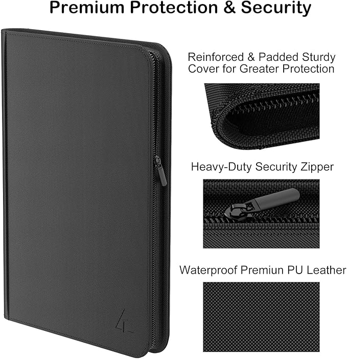 Premium 1000+ Pockets Card Binder, 16-Pocket Ringless Trading Card Album Folder - Side Loading UltraSonic-161024 Tech Zip Binder for TCG -Black