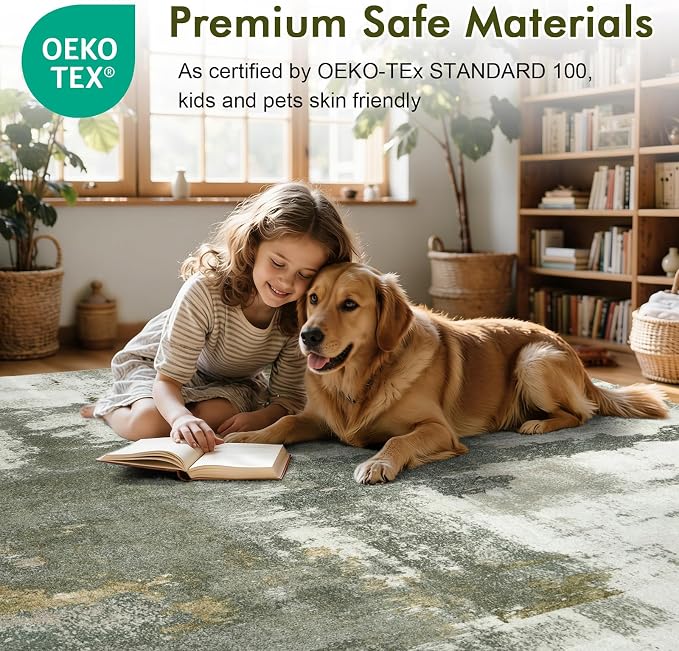 5x7 Ft Area Rugs for Living Room, Soft Non-Slip Washable Rugs Modern Abstract Pattern Carpet for Bedroom Indoor Floor Nursery Home Decor (Green)