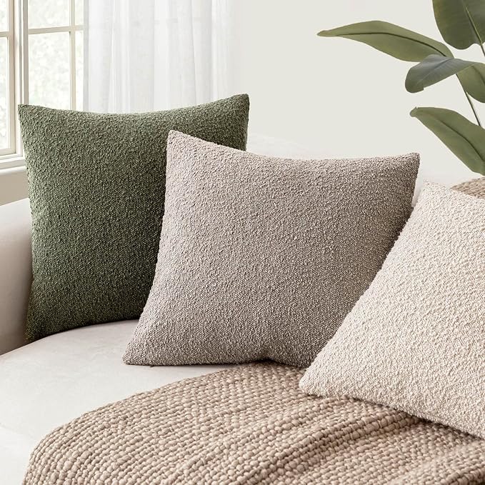 Foindtower Set of 2, Decorative Textured Boucle Throw Pillow Covers Accent Solid Pillow Cases Neutral Soft Cozy Couch Cushion Case for Chair Sofa Bedroom Living Room Home Decor 26x26 Inch Light Taupe
