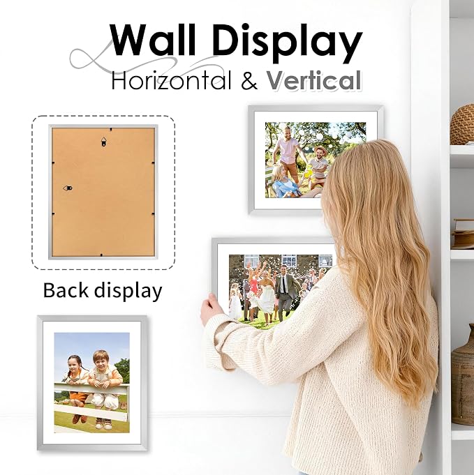 FIXSMITH 8.5x11 Picture Frame Set of 2, Silver Photo Frame with HD Plexiglass, Display Pictures 6x8 with Mat or 8.5x11 Without Mat, Black Picture Frames Collage Wall Decor, Gallery Wall Frame