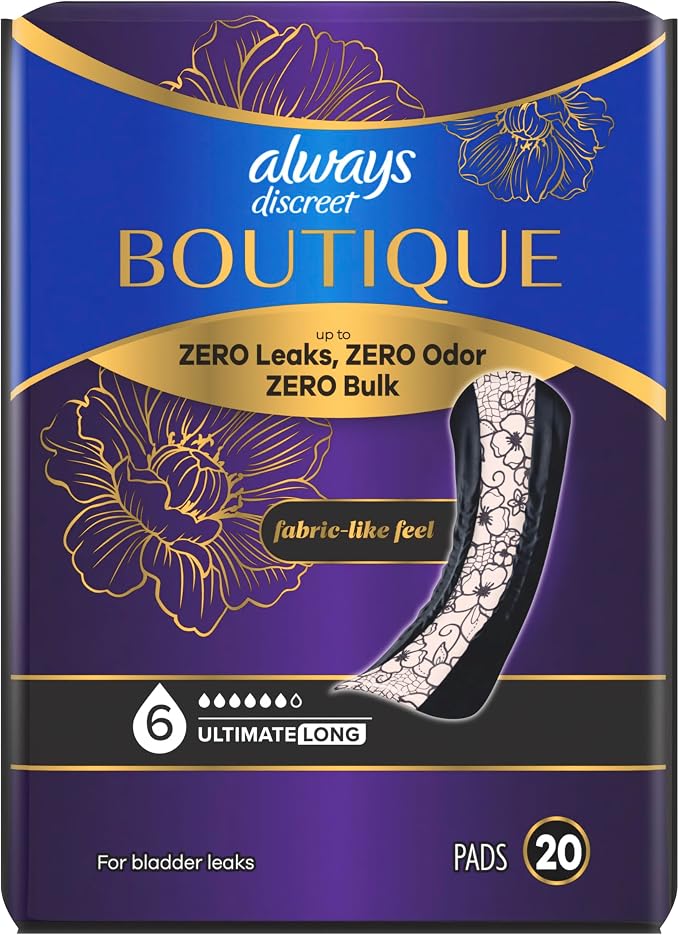 Always Discreet Boutique Adult Incontinence Bladder Leak Pads for Women, Ultimate Absorbency, Long Length, Up to 100% Bladder Leak Protection, 20 Count (Pack of 2)
