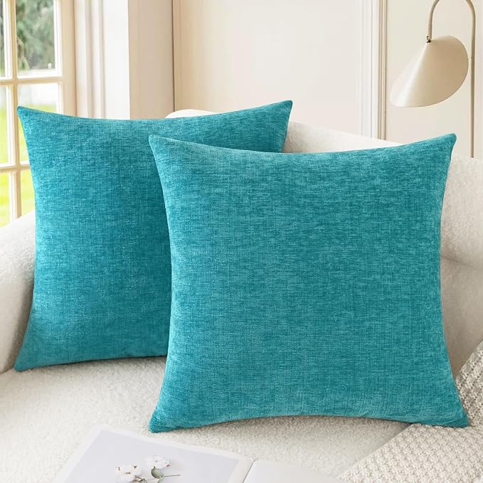 CaliTime Decorative Couch Throw Pillow Covers 24 X 24 Inches Lake Blue | Pack of 2, Cozy Chenille Cushion Cases for Sofa Bed Living Room Farmhouse Home