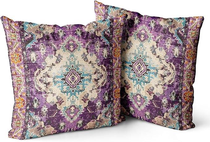 Snycler Boho Throw Pillow Covers 16x16 inch Set of 2 Boho Rug Carpet Double Sided Pattern Cotton Soft Pillow Case Cushion Cover Pillowcase for Couch Sofa Bed Decorative (Purple)