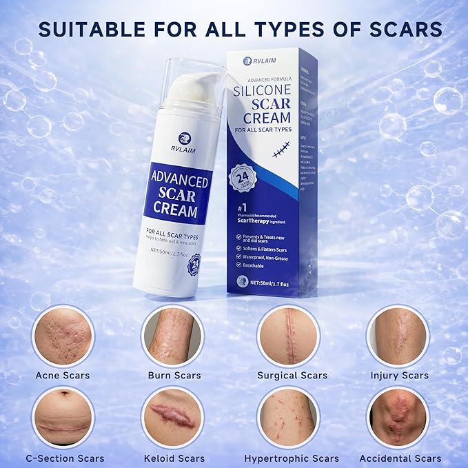 Rvlaim Silicone Scar Cream Scar Gel, Advanced Scar Removal Cream for Surgical Scars, Acne Marks, Stretch Marks, Keloids, C-Section, Burns, Old and New Scars, 1.7 fl oz