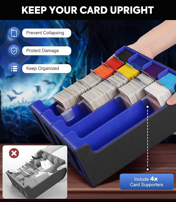 MoKo Card Storage Box for Trading Cards, 3000+ MTG Deck Box with 24 Colorful Dividers & 4 Card Supporters, Commander Card Deck Case with Display Window, Fits for Magic Game Cards, YugiOh, Black Blue