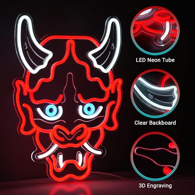 Kavaas Hannya Mask Neon Sign, Anime Japanese Neon Sign for Gamer Room Bar Tattoo Studio Decor | LED Oni Mask Neon Light for Bedroom Boys, Gaming Wall decor - Best Gamer Gifts for Teenage Boys, Christmas