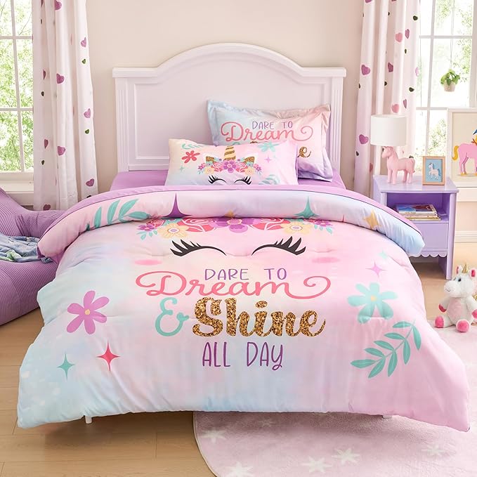 Joiedomi Kid Twin Comforter Set 5 Piece Unicorn Bedding Set for Boys Girls Super Soft Microfiber Bed in a Bag with Comforter Sheets Pillowcase Sham
