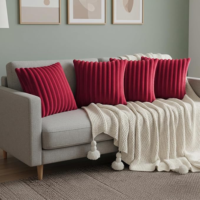 Red Throw Pillow Covers 16 x 16 Set of 4, Cute Boho Throw Pillow Cover for Couch/Bed, Decorative Pillows Covers for Sofa/Bed, Accent Pillow Covers for Living Room, Rustic/Home/Room Decor