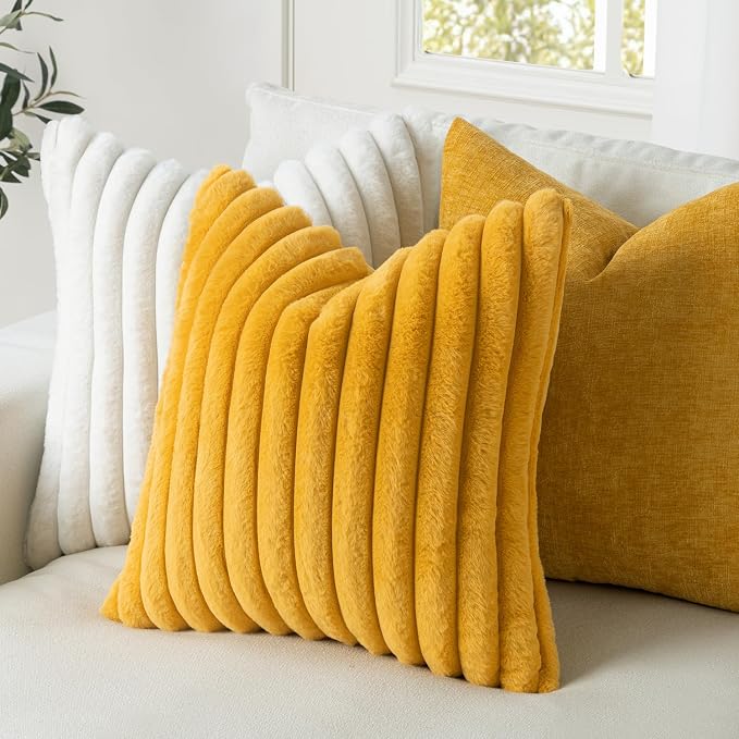 MIULEE Faux Fur Decorative Euro Sham Pillow Covers 24x24 Mustard Yellow | 2 Pack， Vintage Boho Fall Soft Plush Couch Pillows, Cozy Fluffy Cushion Covers for Sofa Bed Living Room Home Decor