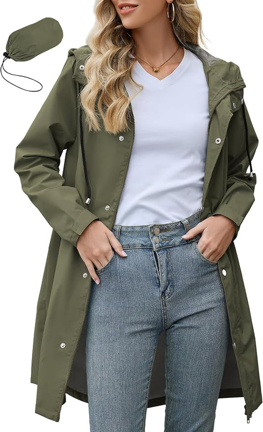 Zando Long Packable Rain Jacket Women Waterproof Raincoat with Hood | Relaxed-Fit Lightweight Windbreaker for Women; Travel Rain Coats for Commute, Hiking, Cruise, and Daily wear