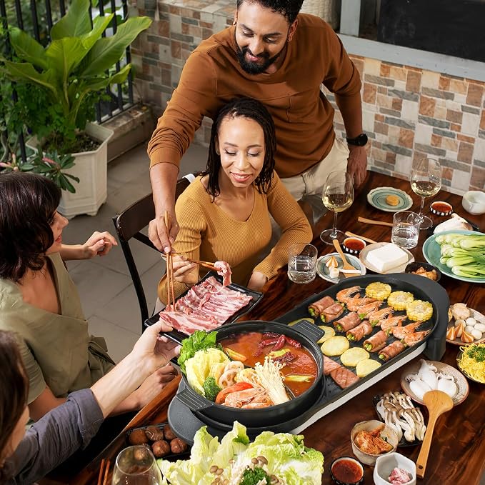 2 in 1 Electric Smokeless Hot Pot with Grill, 2200W Removable Hotpot Pot, Korean BBQ and Shabu Indoor Combo,Non-Stick Skillet Pan, Dual Adjustable Temperature, 1-6 People