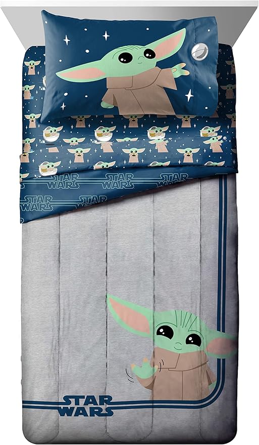 Jay Franco Star Wars The Mandalorian Hello Grogu 5 Piece Twin Size Bed Set - Includes Comforter & Sheet Set - Super Soft Kids Bedding Fade Resistant Microfiber (Official Star Wars Product)