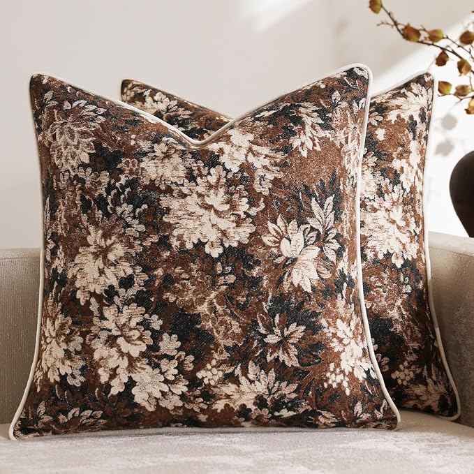 Pack of 2 Vintage Floral Throw Pillow Covers 16x16 Boho Farmhouse Accents Chenille Square Decorative Pillow Cases for Living Room Couch Bed Home Decor, Dark Brown