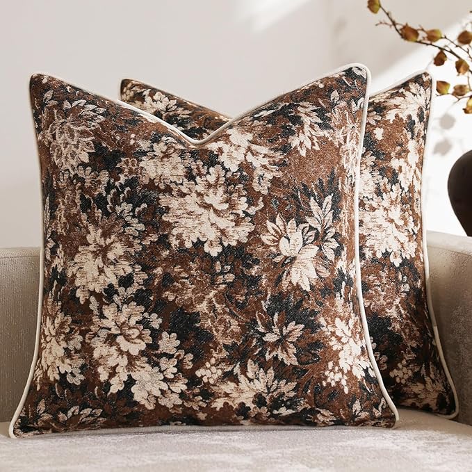 Pack of 2 Vintage Floral Euro Sham Covers 26x26 Boho Farmhouse Accents Chenille Square Decorative Throw Pillow Cases for Living Room Couch Bed Home Decor, Dark Brown