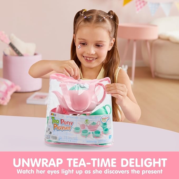JOYIN 18PCS Pretend Tea Party Set, Plastic Tea Set, Mini Kitchen for Kids, Gifts for Toddler Boys Girls Ages 3 4 5 6 Years Old, Easter Birthday Gifts