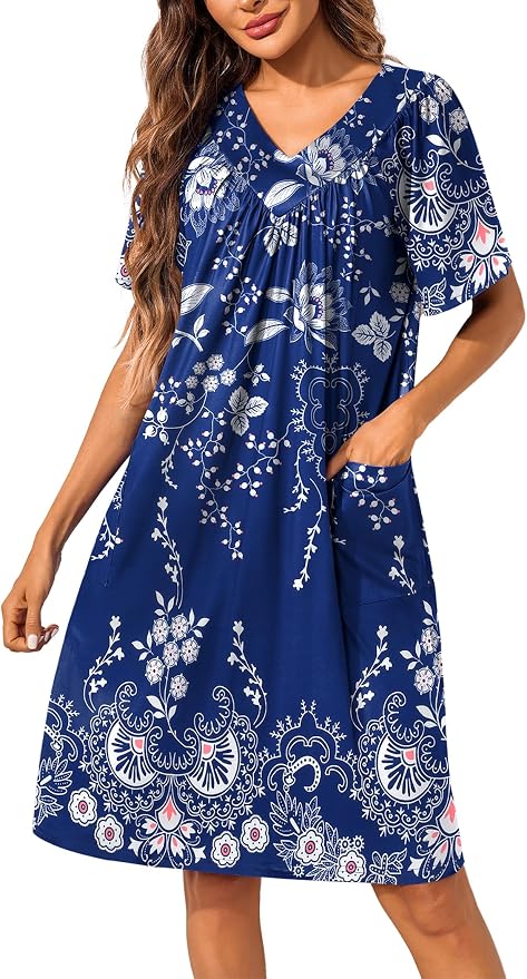 Ekouaer Womens House Dress Floral Print Nightgown with Pockets Mumu Dress