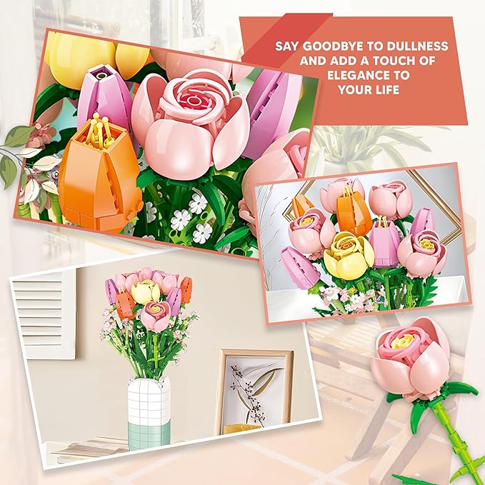 Flowers Bouquet Building Set Tulips Camellia with Vase for Adult -1011pcs