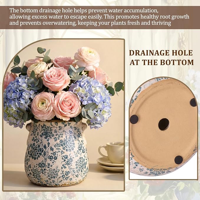 Ceramic Scroll Planter 6.5 Inch Chinoiserie Floral Vase with Drainage Holes Vintage Flower Vase Flower Pot Rustic Ceramic Pots for Indoor Plants Garden Home Bookshelf Decor(Indigo Blue)