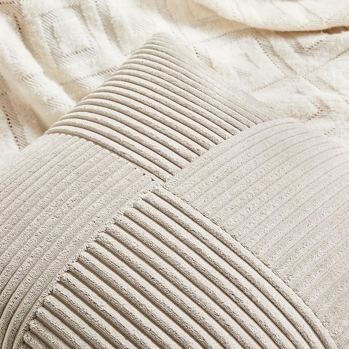 Fancy Homi 2 Packs Neutral Taupe Lumbar Decorative Throw Pillow Covers 12x20 Inch for Living Room Couch Bed Sofa, Farmhouse Home Decor, Soft Striped Corduroy Rectangle Accent Cushion Case 30x50 cm