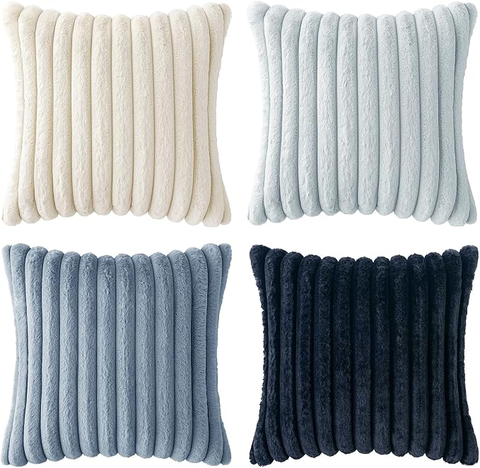 MIULEE Faux Fur Plush Decorative Throw Pillow Covers 18x18, Navy Blue | Set of 4, Striped, Soft Coastal Modern Cozy Home Decor, Cushion Cases for Sofa Couch Bed Living Room