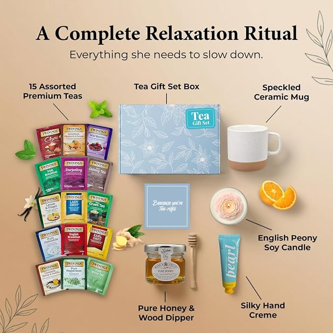 Tea Gift Set for Women – 15 Assorted Teas, Premium Ceramic Mug, Soy Wax Candle, Hand Crème & Honey | Tea Sets for Adults, Tea Gift Box for Birthday, Get Well, Self Care, Teacher