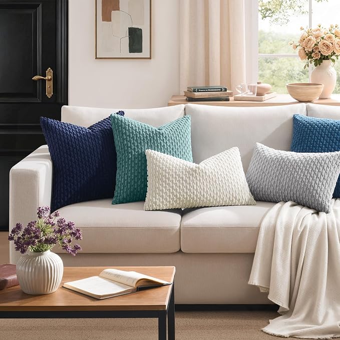 Kevin Textile Soft Corduroy 14"x36" Lumbar Pillow Cover 1 Pack, Blue | Boho Stripe Plush Corduroy Decorative Oblong Cushion Cover Modern Farmhouse Home Decor for Sofa Couch Bed Chair
