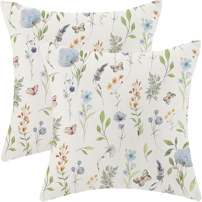 Spring Pillow Covers 18x18 Inch Set of 2, Sage Green Blue Wild Flower Throw Pillows Case,Colorful Seasonal Floral Plant Outdoor Decorative Farmhouse Decor Cushion Covers for Home Sofa Bed Couch