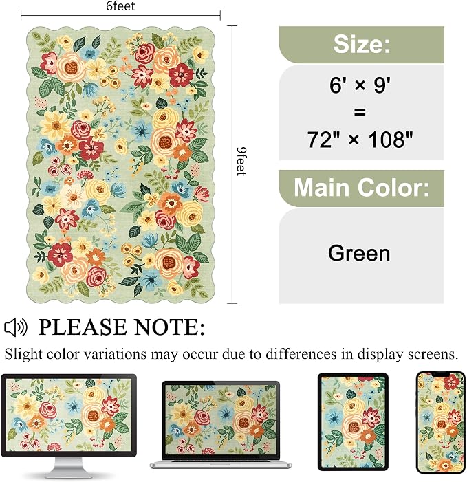 DUKINO 6x9 Area Rugs, Floral Washable Rug for Living Room Non Slip, Green | Low Pile, Stain Resistant, Soft Indoor Large Rugs for Bedroom, Dining Room, Kids Playroom, Nursery, Pet Friendly, Home Decor