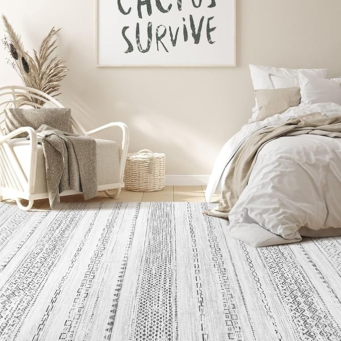 Nakagishi Boho 9x12 Area Rug Living Room Rugs Machine Washable Gray | Soft, Pet & Kid Friendly, Carpet for Living Room/Bedroom/Office/Kitchen/Nursery, Daily Home Decor Stain Resistant Moroccan