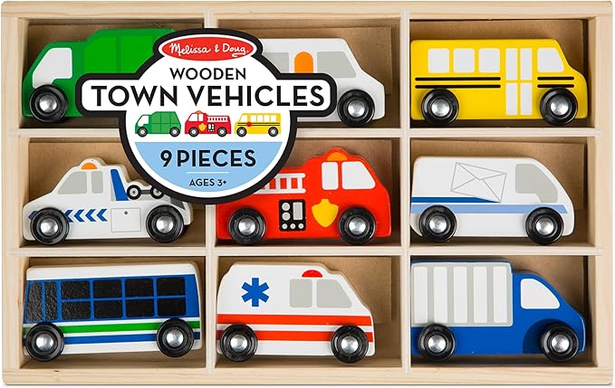 Melissa & Doug Wooden Town Vehicles Set in Wooden Tray (9 pcs)