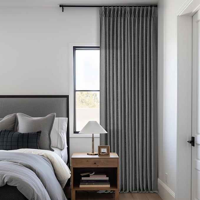 Dark Grey 80 Inch Pinch Pleated Linen Semi Sheer Curtains 2 Panel Set | for Living Room Dining Bedroom Office, Thick Linen Textured, Light Filtering, Pinch Pleat Drapes with Back Tab, Charcoal Gray