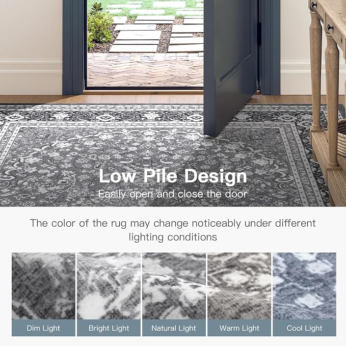 6x9 Area Rugs for Living Room, Washable Non-Slip Rug, Oriental Light Grey | Area Rugs for Bedroom, Low Pile Large Area Rug for Kitchen, Dining Room, Home Office, Vintage Oriental Print Rug