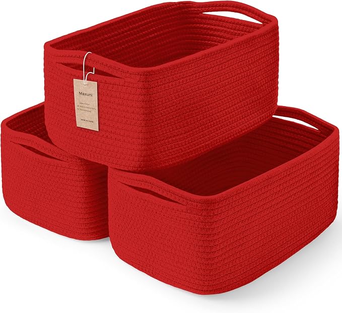 3 Pack Small Storage Baskets for Organizing, 11.8×7.8×5.1", Christmas Red | Woven Baskets for shelves, Cotton Rope Basket for Gifts Empty, Closet Organizer Bins with Handles, Cube Decorative Box