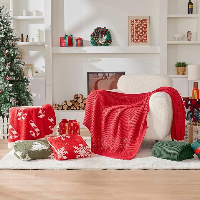 Douceur Christmas Green Throw Blanket for Bed, Soft Chunky Cable Knit Throw Blanket, Classic Fisherman's Rib Stitch Pattern Throw for Living Room,60"X80"