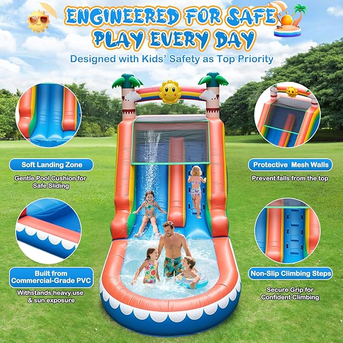 Tropical Inflatable Water Slide for Kids & Adults – 21FT Giant Blow Up Pool Slide with Climbing Wall, Splash Pool, Palm Tree Theme – Wet & Dry Use, 950W Blower, Backyard Summer Fun