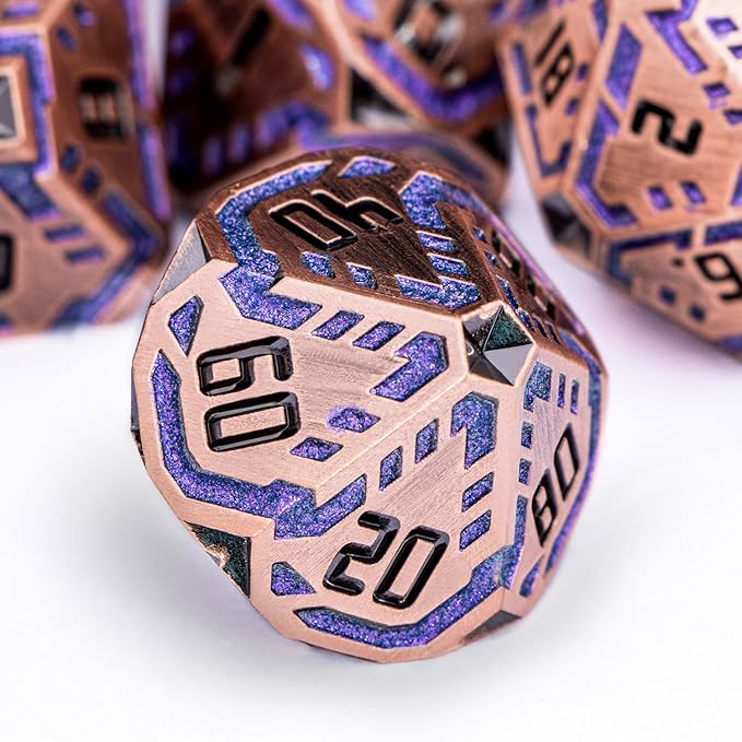 Metal DND Sci-fi Dice Set 7PCS Stripe Polyhedral Dice for Dungeons Dragons RPG Role Playing Game, Glitter D and D Dice with Gift Box D6 D8 D10 D12 D20 (Ancient Bronze&Purple)